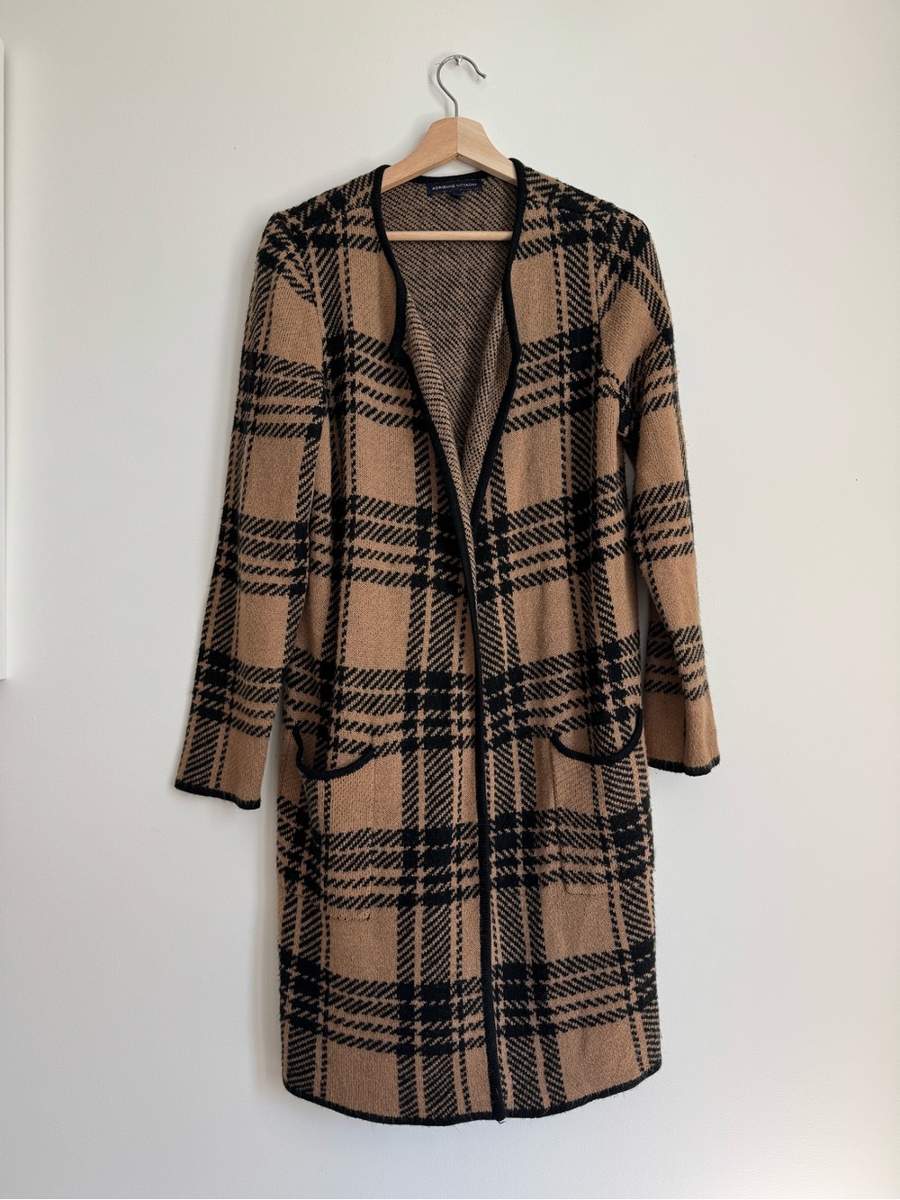 Adrienne Vittadini Camel and Black Plaid Open-Front Coatigan